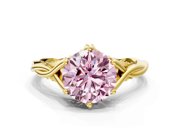 Yellow Gold Round Twisted Solitaire Engagement Ring Setting for Fancy Pink Center with Pave Shoulders and Gallery