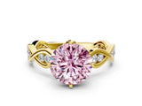 Yellow gold Fancy Pink Round  Solitaire Twist Band with Leaf Prong Setting 1