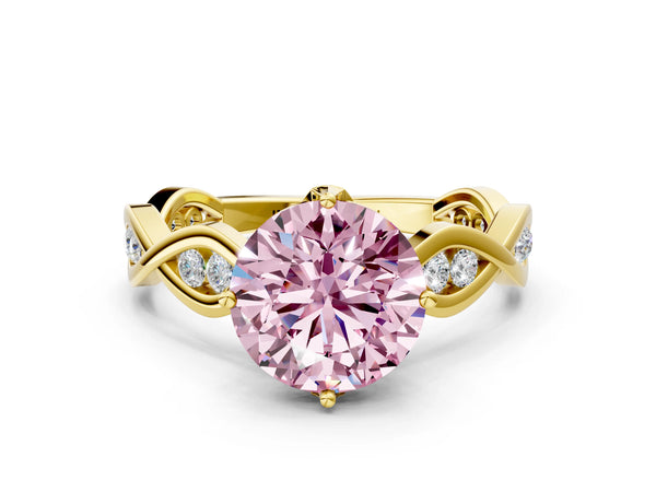 Yellow gold Fancy Pink Round  Solitaire Twist Band with Leaf Prong Setting