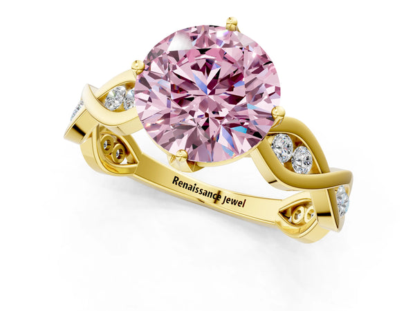 Yellow gold Fancy Pink Round  Solitaire Twist Band with Leaf Prong Setting