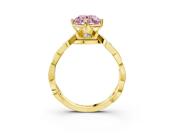 Yellow gold Fancy Pink Round  Solitaire Twist Band with Leaf Prong Setting