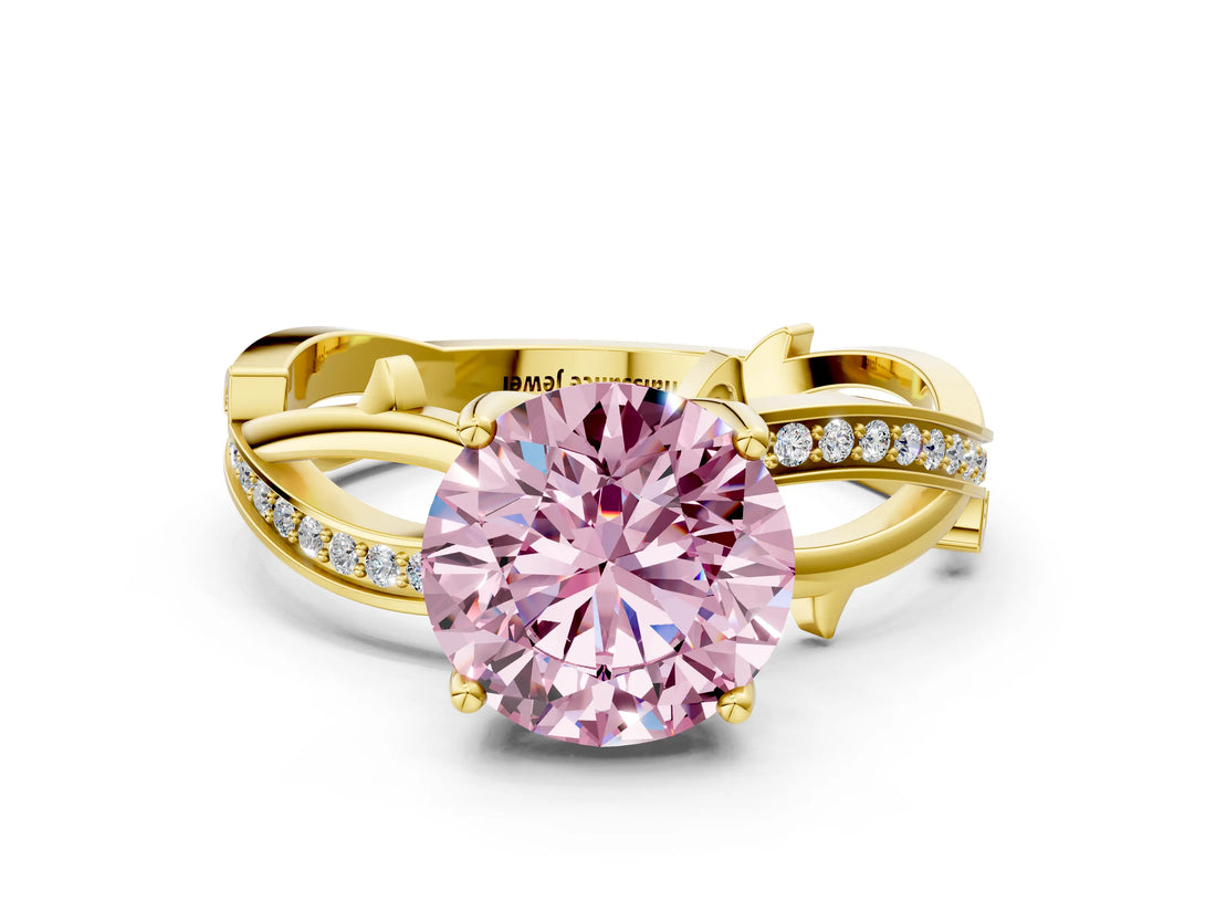 Yellow gold Fancy Pink Round  Solitaire Twist Band with Pavé Accents and Four-Prong Setting_20