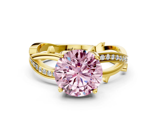 Yellow gold Fancy Pink Round  Solitaire Twist Band with Pavé Accents and Four-Prong Setting