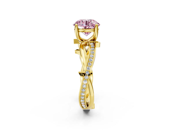 Yellow gold Fancy Pink Round  Solitaire Twist Band with Pavé Accents and Four-Prong Setting