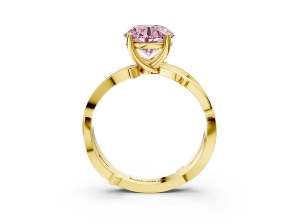 Yellow gold Fancy Pink Round  Solitaire Twist Band with Pavé Accents and Four-Prong Setting