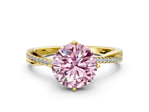 Yellow gold Fancy Pink Round  Solitaire Twist Band with Pavé Diamonds and Four-Prong Setting