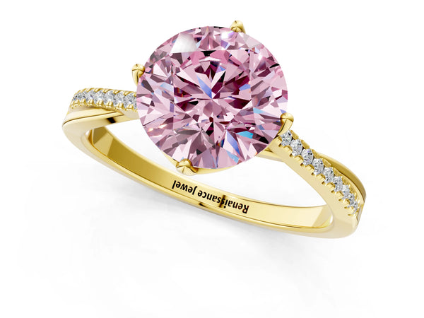 Yellow gold Fancy Pink Round  Solitaire Twist Band with Pavé Diamonds and Four-Prong Setting