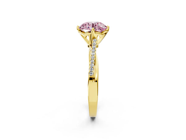 Yellow gold Fancy Pink Round  Solitaire Twist Band with Pavé Diamonds and Four-Prong Setting