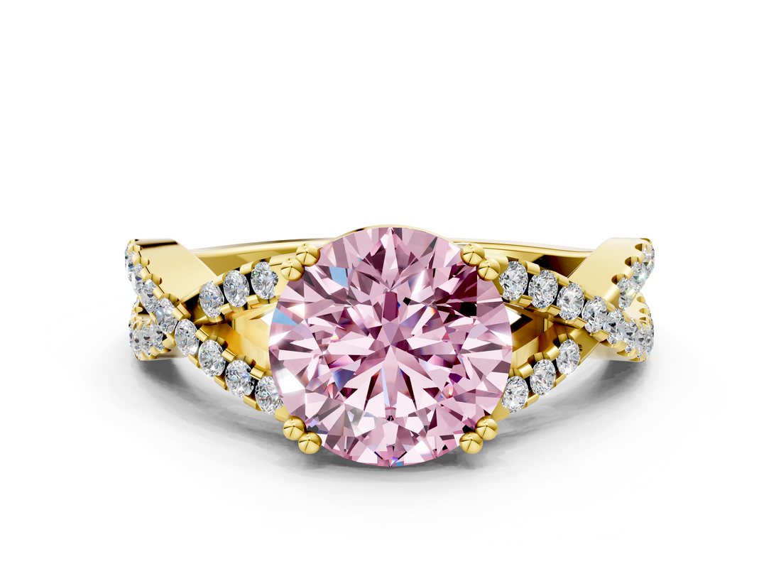 Yellow gold Fancy Pink Round  Solitaire Twist Band with Pavé Setting and Four-Prong Setting