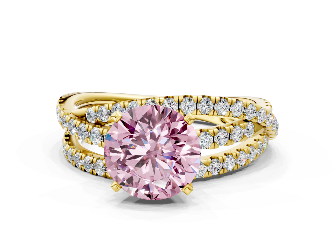 Yellow gold Fancy Pink Round  Solitaire Twist Band with Pavé Setting and Four-Prong Setting