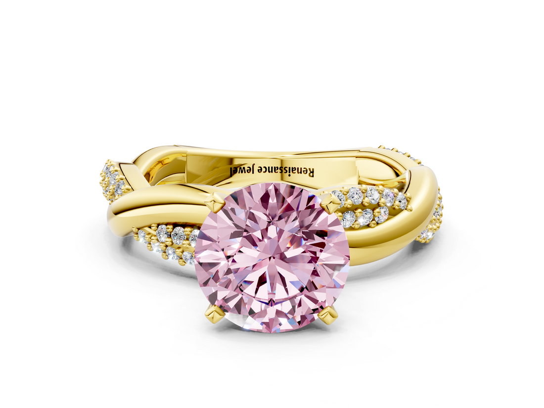 Yellow gold Fancy Pink Round  Solitaire Twist Band with Pave Prong Setting