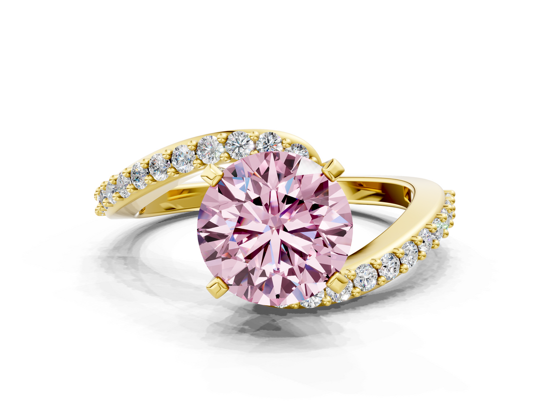 Yellow gold Fancy Pink Round  Solitaire Twist Band with Pave Set Diamonds and Four-Prong Setting