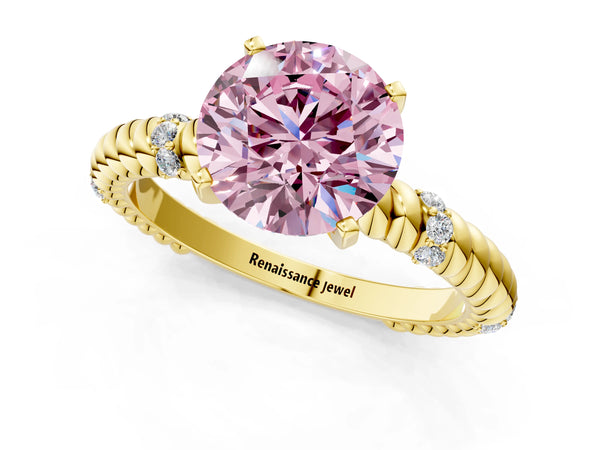 Yellow gold Fancy Pink Round  Solitaire Twisted Band Prong Set Engagement Ring