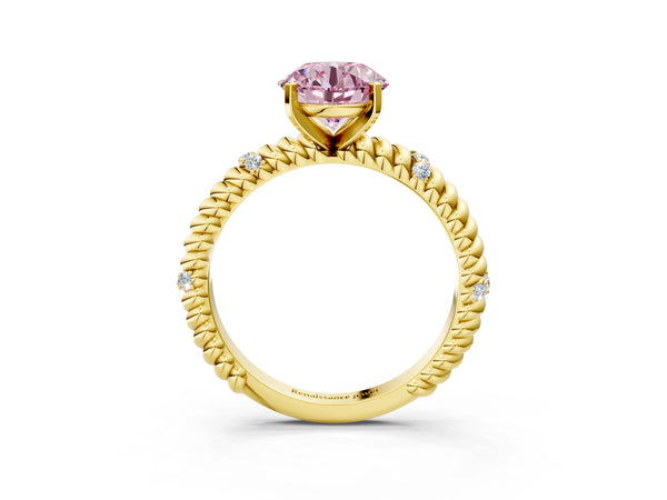 Yellow gold Fancy Pink Round  Solitaire Twisted Band Prong Set Engagement Ring