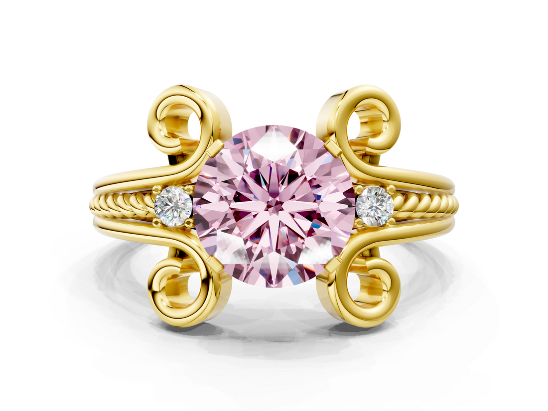 Yellow gold Fancy Pink Round  Solitaire Twisted Band Scroll Prong Ring_3