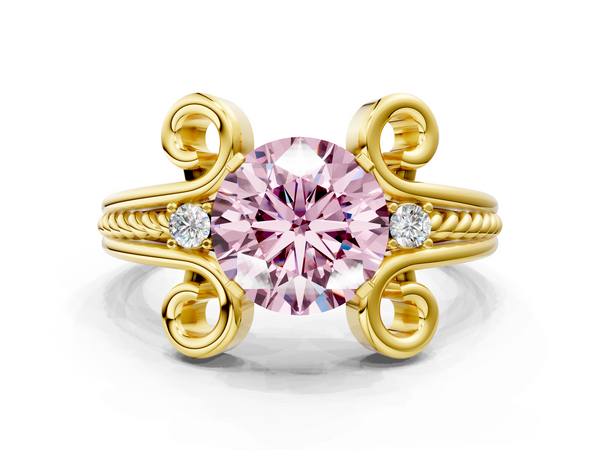 Yellow gold Fancy Pink Round  Solitaire Twisted Band Scroll Prong Ring