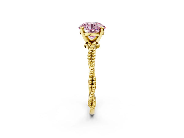 Yellow Gold Round Solitaire Engagement Ring Setting for Fancy Pink Center with Beaded Twist Band