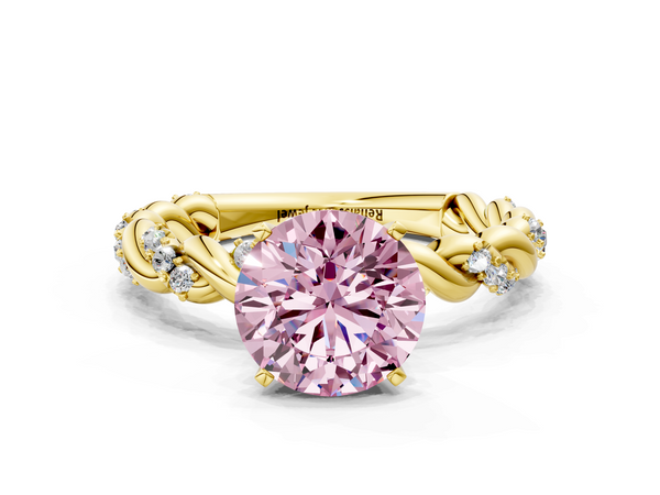 Yellow gold Fancy Pink Round Cut Diamond Solitaire Ring with Twisted Band and Pavé Accents