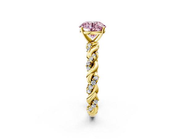 Yellow gold Fancy Pink Round Cut Diamond Solitaire Ring with Twisted Band and Pavé Accents