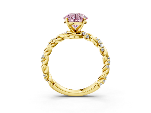 Yellow gold Fancy Pink Round Cut Diamond Solitaire Ring with Twisted Band and Pavé Accents