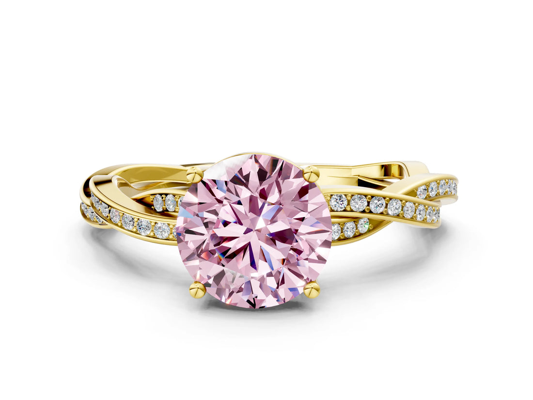 Yellow gold Fancy Pink Round  Solitaire Twisted Pave Diamond Ring with Four-Prong Setting_100