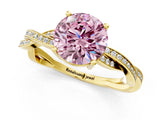 Yellow gold Fancy Pink Round  Solitaire Twisted Pave Diamond Ring with Four-Prong Setting_101