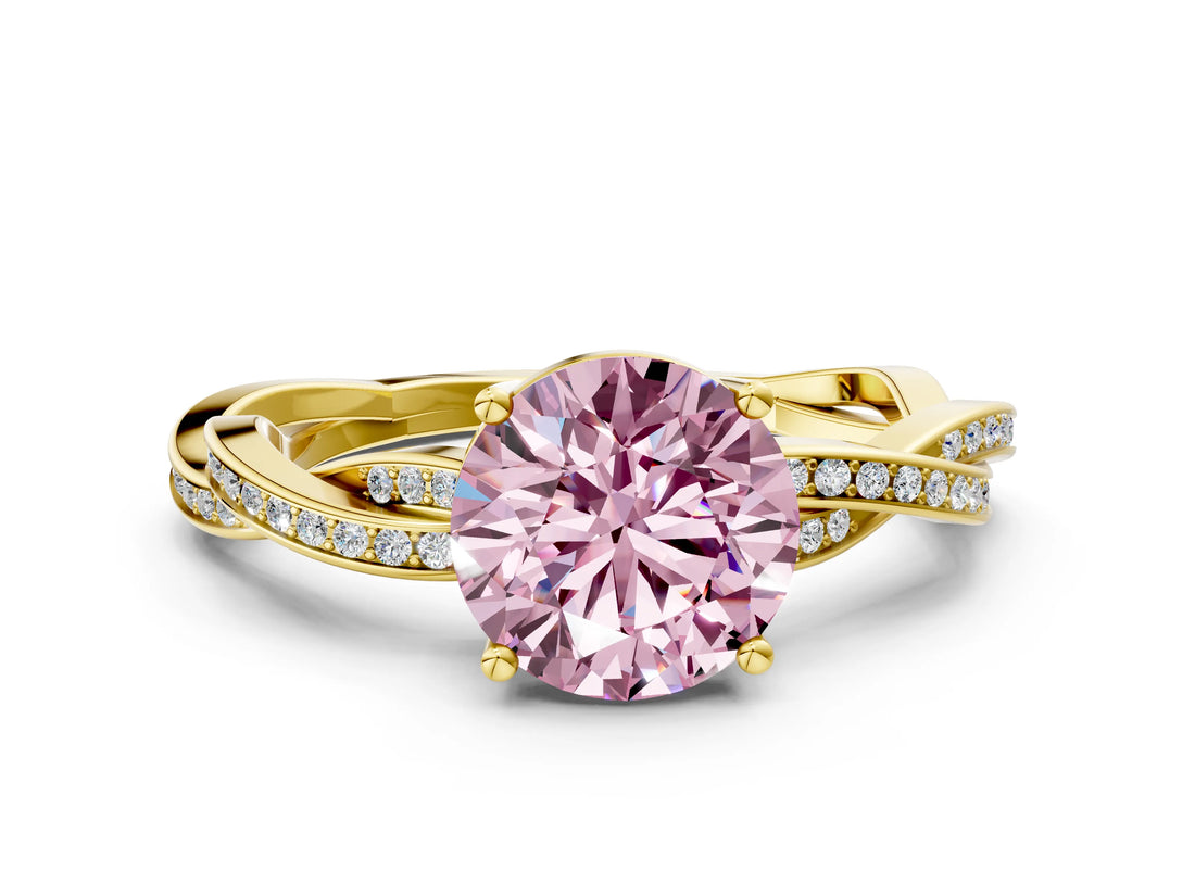 Yellow gold Fancy Pink Round  Solitaire Twisted Pave Diamond Ring with Four-Prong Setting_12