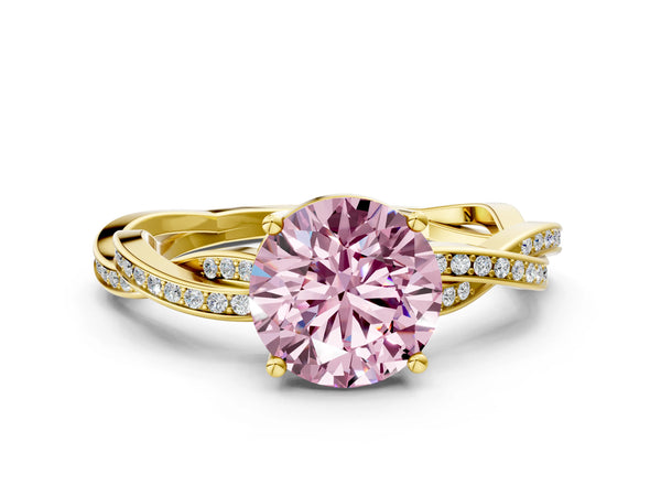 Yellow Gold Round Solitaire Engagement Ring Setting for Fancy Pink Center with Twisted Pave Band
