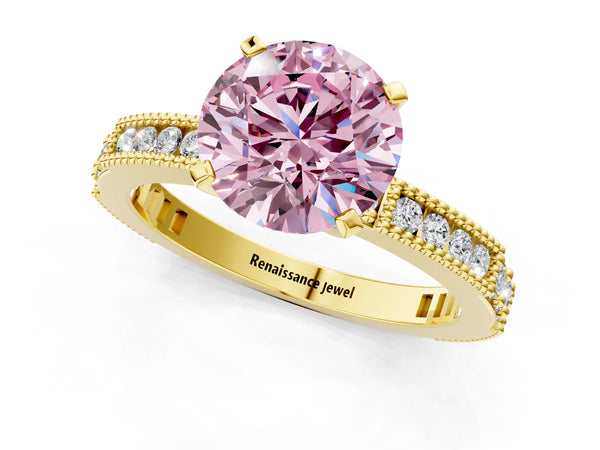Yellow gold Fancy Pink Round  Solitaire with Pavé Band and Four-Prong Setting