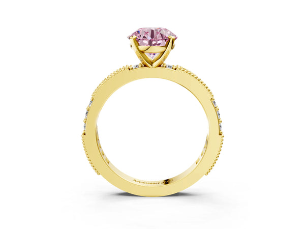 Yellow gold Fancy Pink Round  Solitaire with Pavé Band and Four-Prong Setting