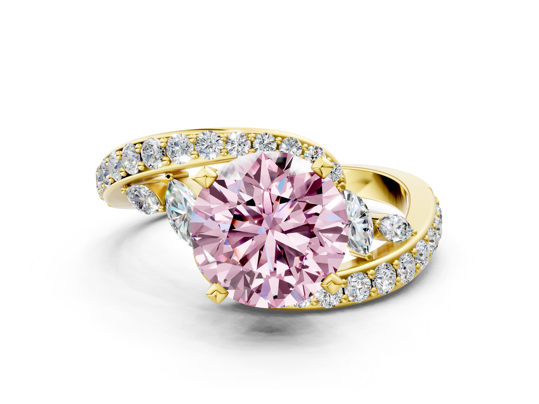 Yellow gold Fancy Pink Round  Solitaire with Pavé Twist Band and Four-Prong Setting