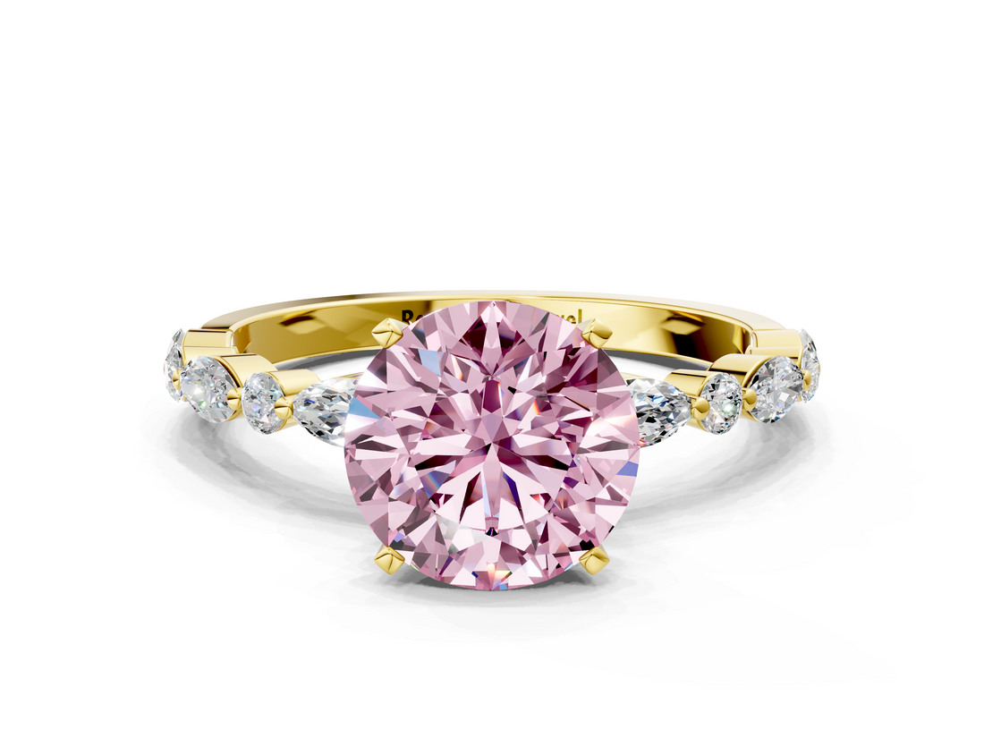 Yellow gold Fancy Pink Round  Solitaire with Side Stones on a Pavé Band and Four-Prong Setting