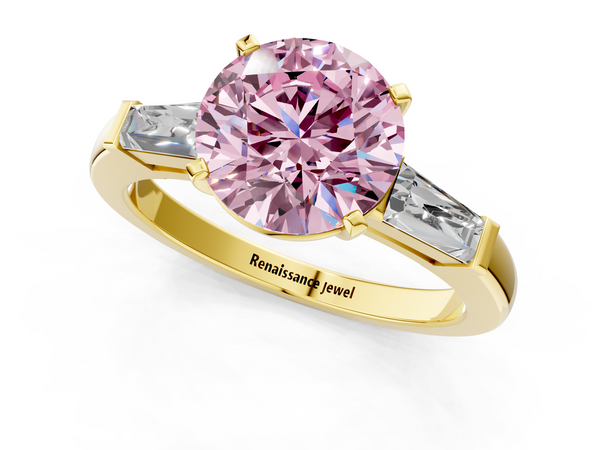 Yellow gold Fancy Pink Round  Solitaire with Tapered Baguette Side Stones on a Classic Band with Four-Prong Setting