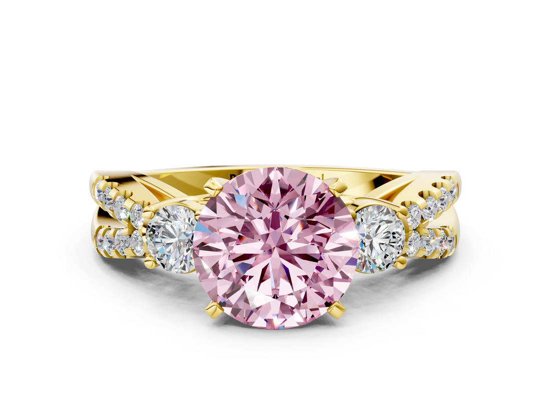 Yellow gold Fancy Pink Round  Three-Stone Diamond Ring with Pavé Split Shank and Four-Prong Setting_17