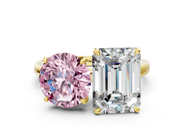 Yellow gold Fancy Pink Round  and Emerald Cut Toi Moi Ring with Prong Setting