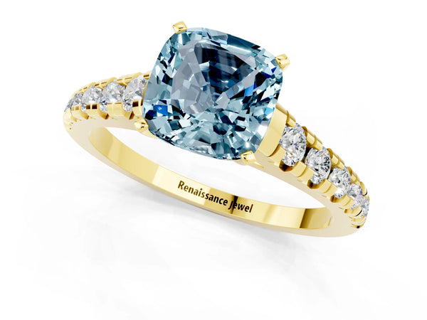 Yellow gold Cushion Cut Aquamarine Cathedral Solitaire Ring with Round  Pavé Band