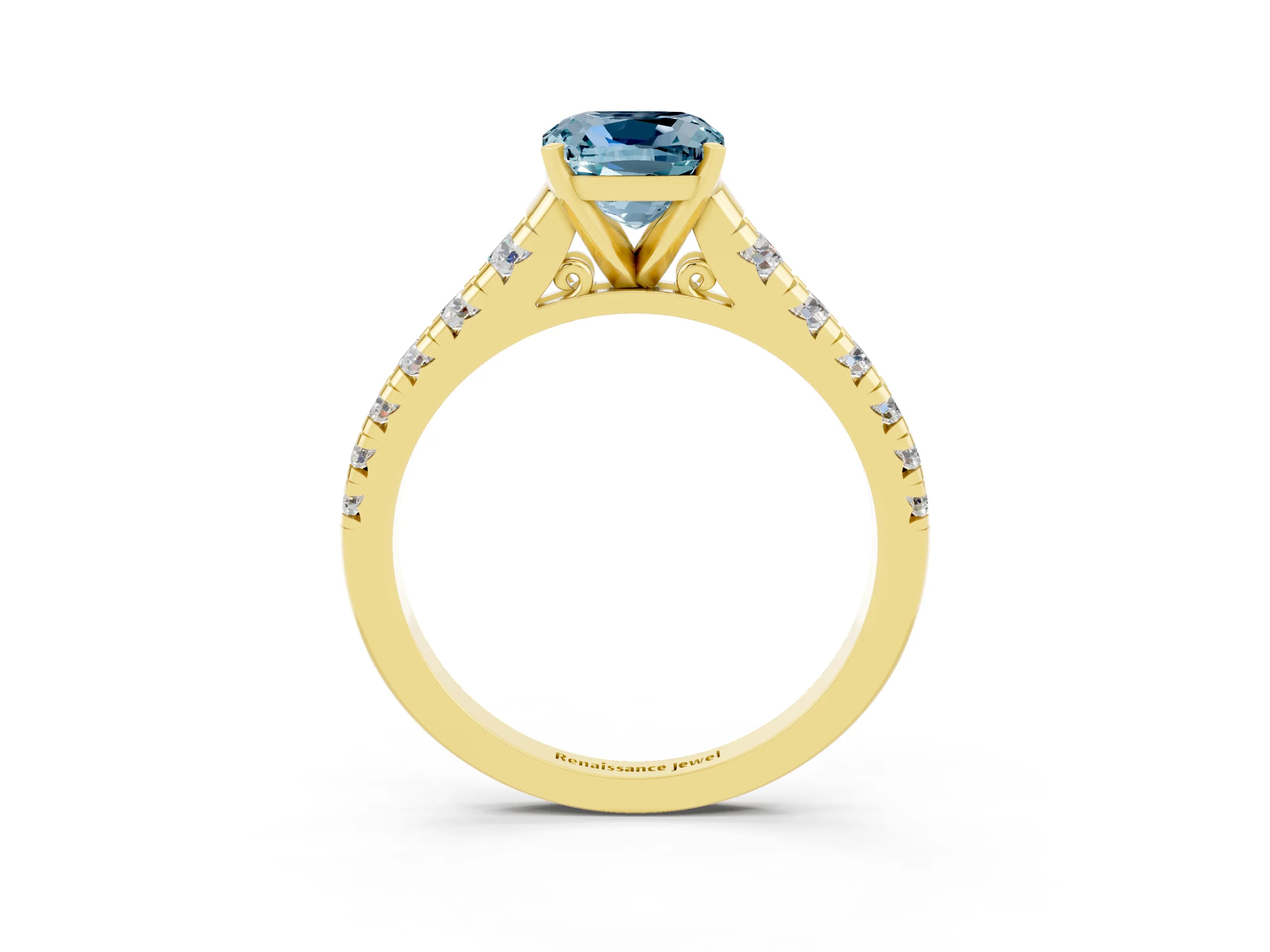 Yellow gold Fancy White Cushion Cut Aquamarine Solitaire Ring with Cathedral Setting and Pavé Band_3