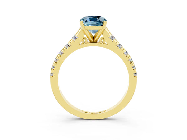 Yellow gold Cushion Cut Aquamarine Cathedral Solitaire Ring with Round  Pavé Band