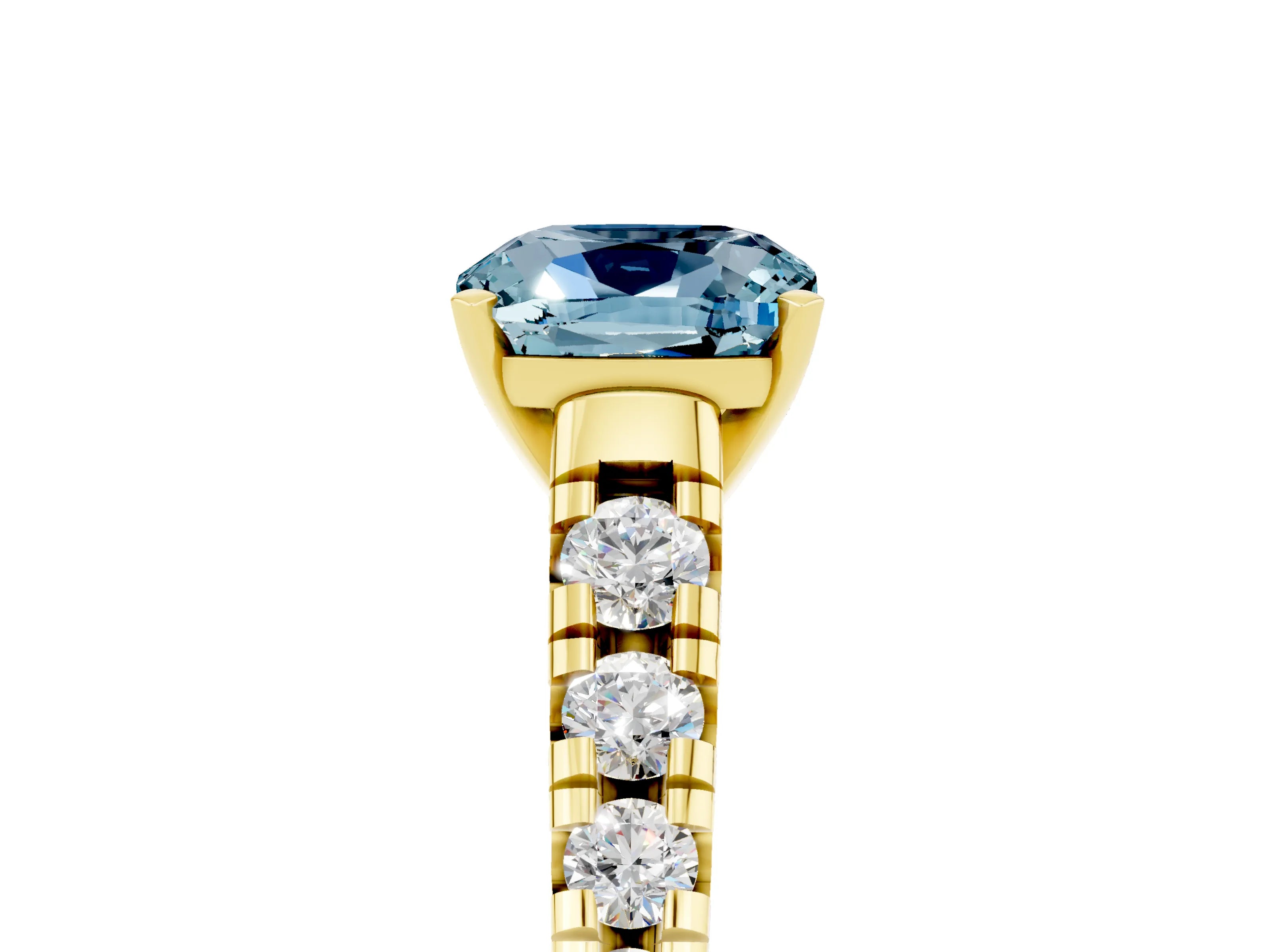 Yellow gold Fancy White Cushion Cut Aquamarine Solitaire Ring with Cathedral Setting and Pavé Band_5