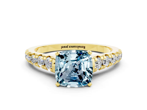 Yellow gold Fancy White Cushion Cut Aquamarine Solitaire Ring with Cathedral Setting and Pavé Band