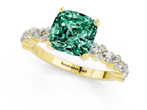 Yellow gold Fancy White Cushion Cut Green Sapphire Solitaire with Side Stones, Pave Band, Four-Prong Setting_13
