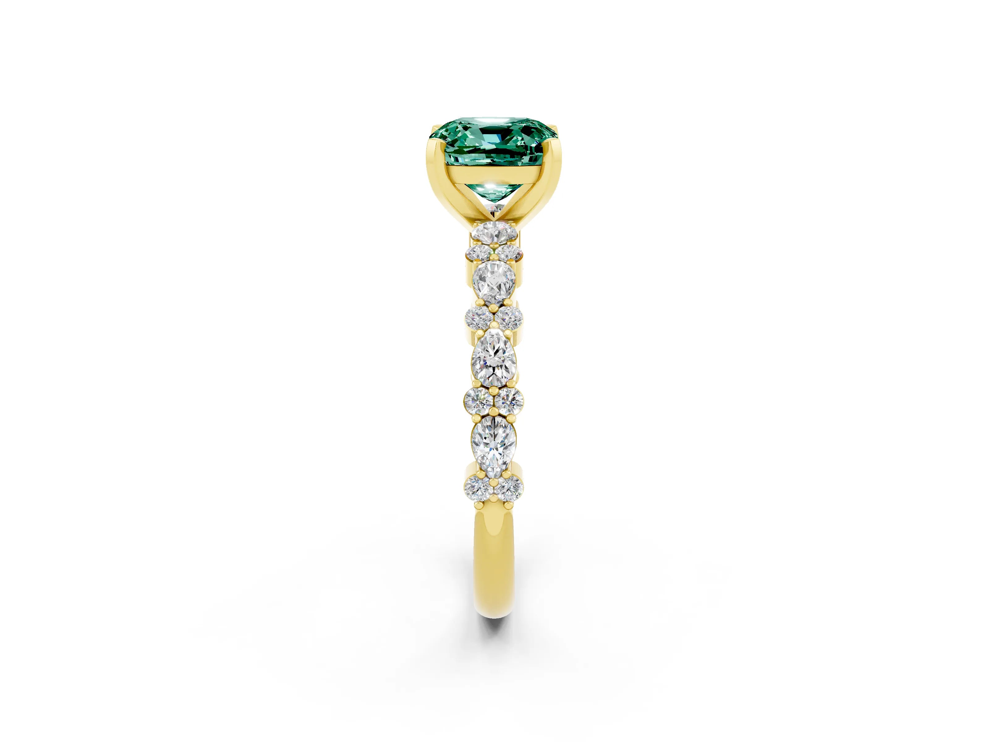 Yellow gold Fancy White Cushion Cut Green Sapphire Solitaire with Side Stones, Pave Band, Four-Prong Setting_14