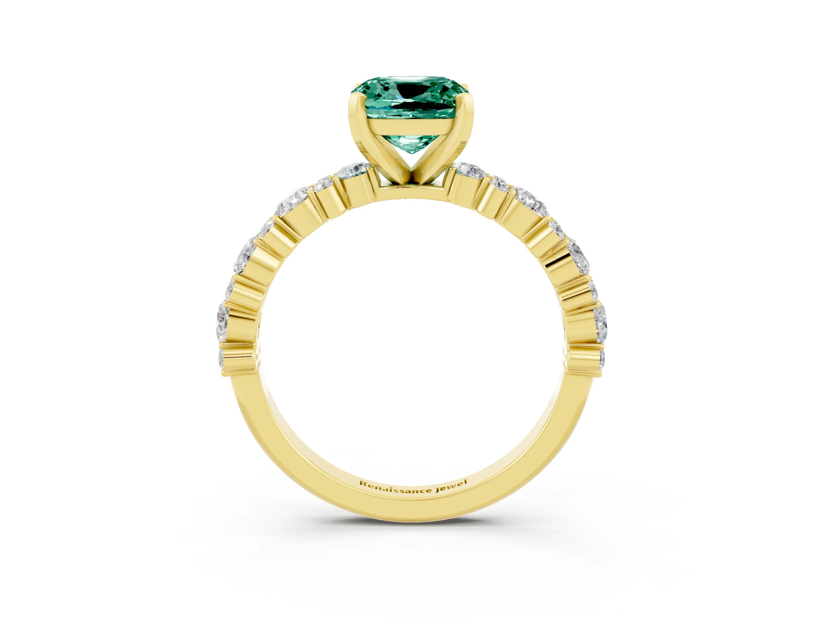 Yellow gold Fancy White Cushion Cut Green Sapphire Solitaire with Side Stones, Pave Band, Four-Prong Setting_15