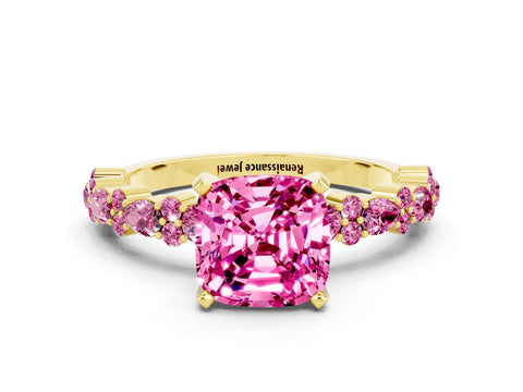 Yellow gold Fancy White Cushion Cut Pink Sapphire Solitaire with Side Stones, Pave Band, Four-Prong Setting_12