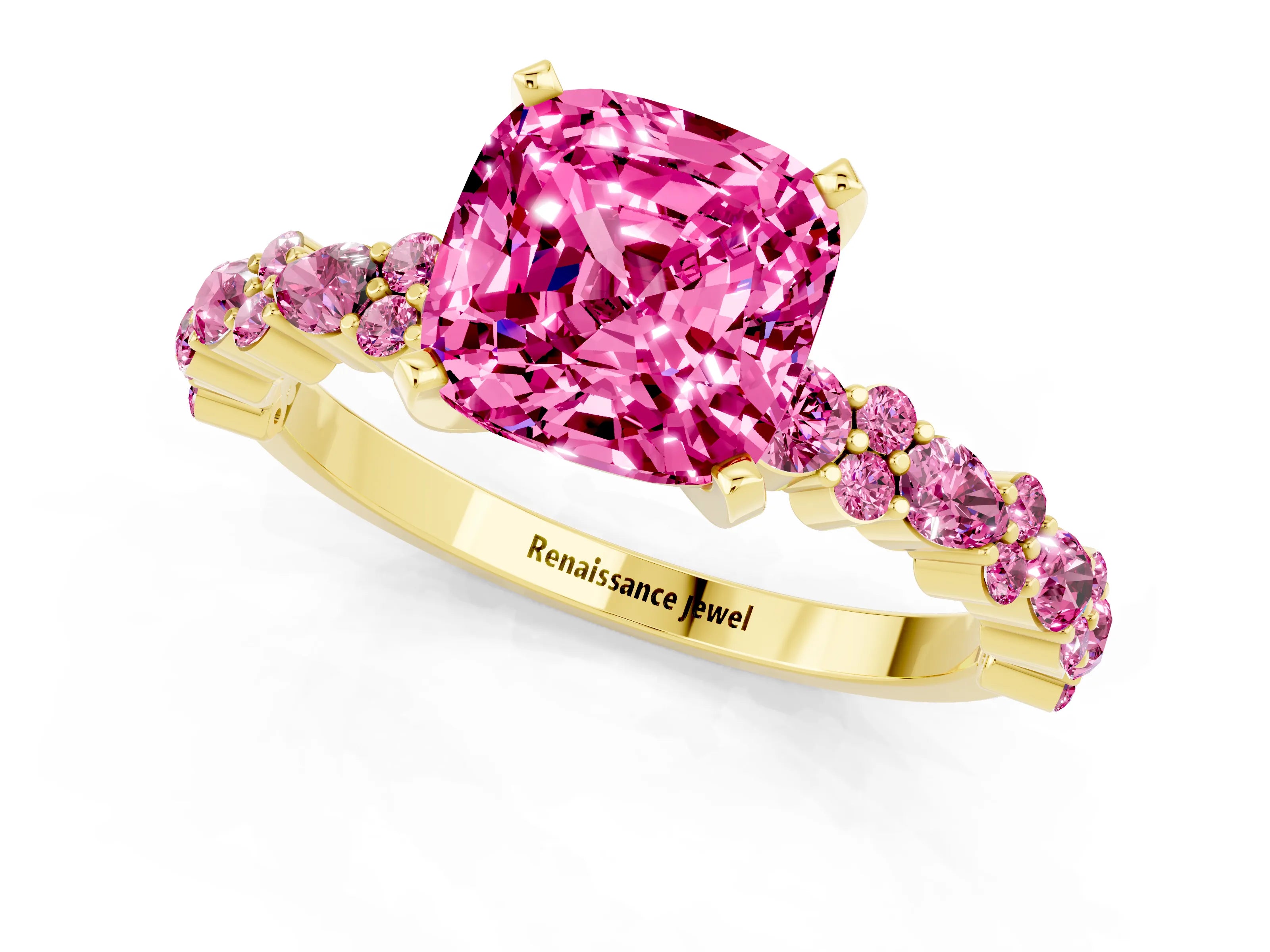 Yellow gold Fancy White Cushion Cut Pink Sapphire Solitaire with Side Stones, Pave Band, Four-Prong Setting_13