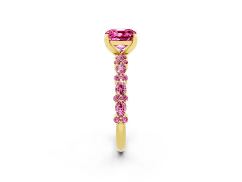 Yellow gold Fancy White Cushion Cut Pink Sapphire Solitaire with Side Stones, Pave Band, Four-Prong Setting_14
