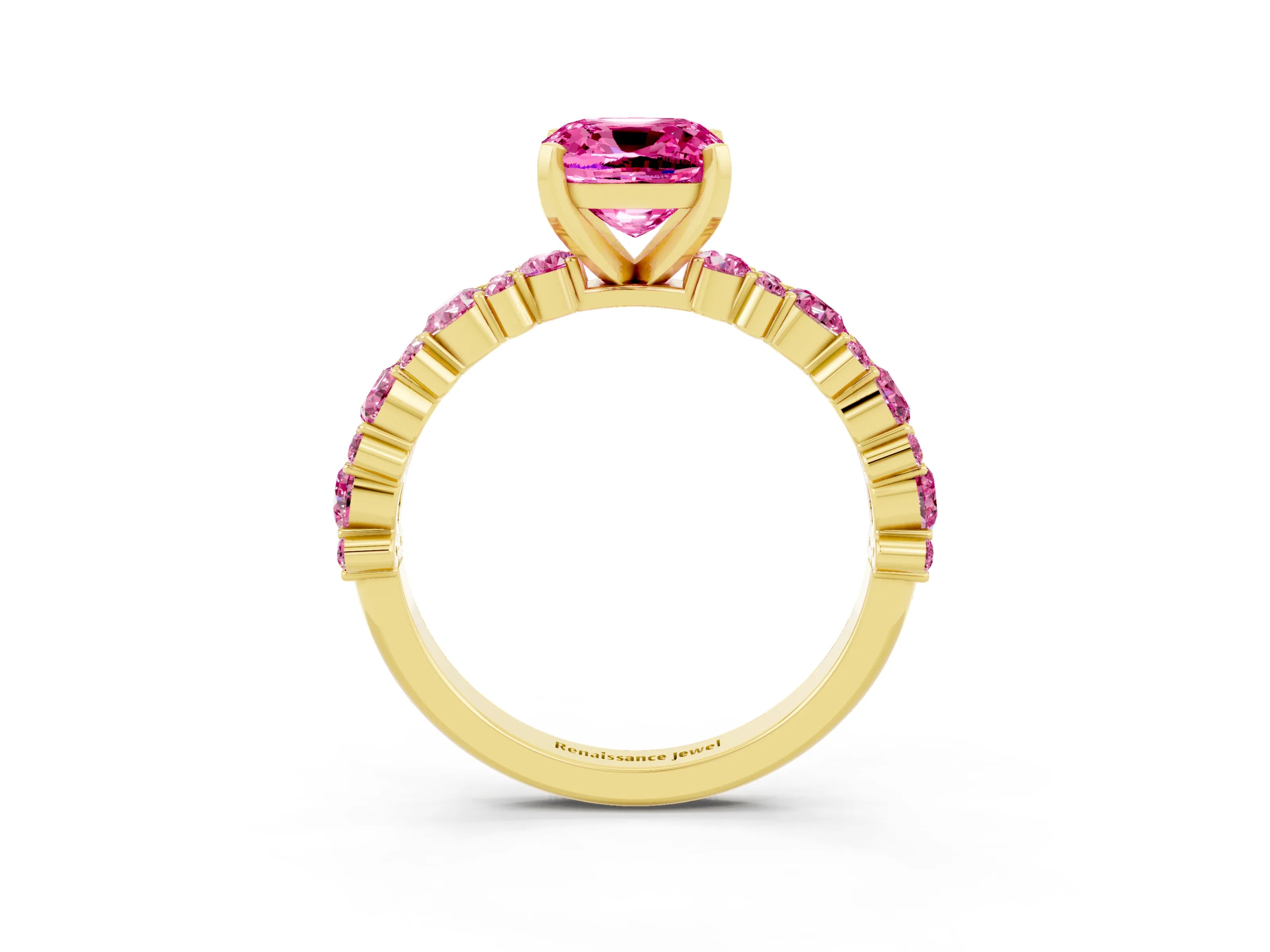 Yellow gold Fancy White Cushion Cut Pink Sapphire Solitaire with Side Stones, Pave Band, Four-Prong Setting_15