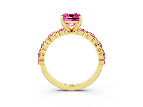 Yellow gold Fancy White Cushion Cut Pink Sapphire Solitaire with Side Stones, Pave Band, Four-Prong Setting_15