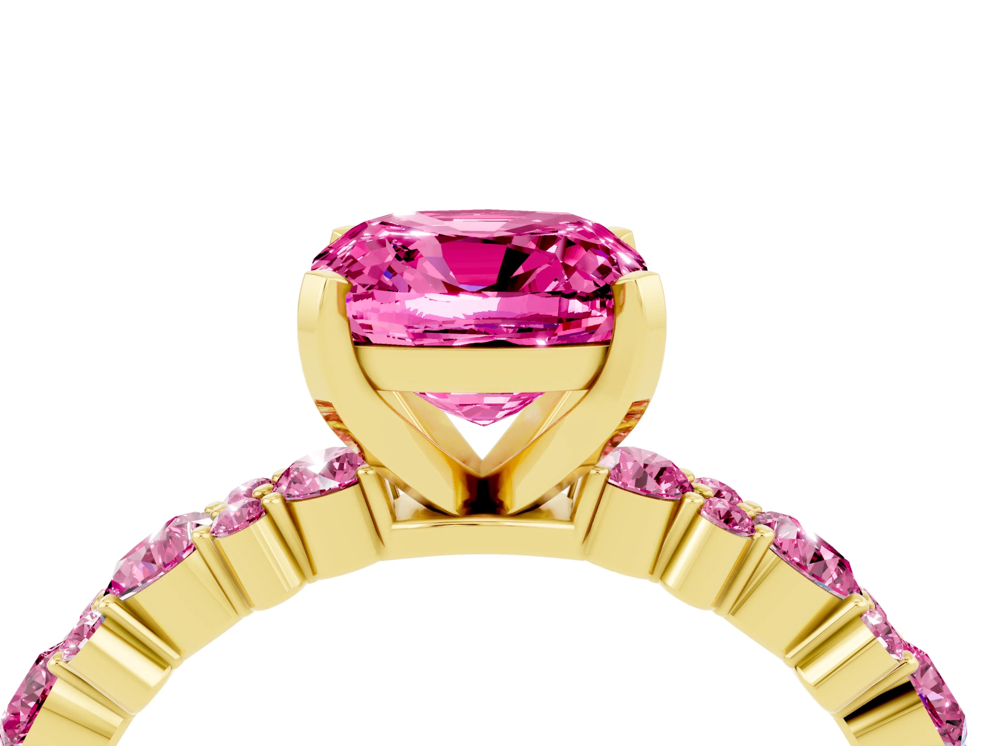 Yellow gold Fancy White Cushion Cut Pink Sapphire Solitaire with Side Stones, Pave Band, Four-Prong Setting_16