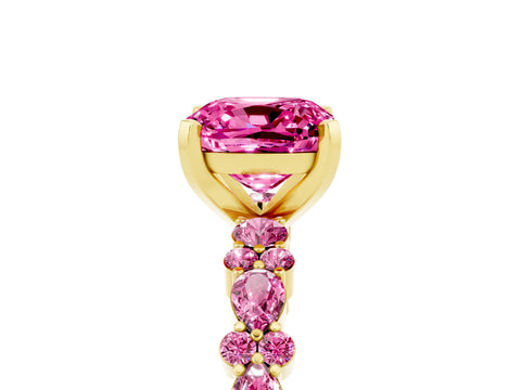 Yellow gold Fancy White Cushion Cut Pink Sapphire Solitaire with Side Stones, Pave Band, Four-Prong Setting_17